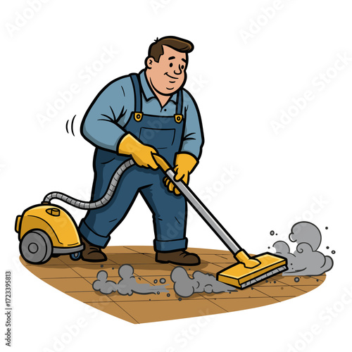Mann cleaning dust with vacuum on wooden floor in indoor setting  