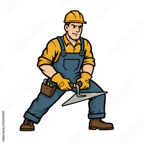 Construction worker using screed trowel in safety gear  