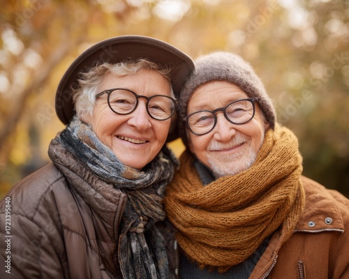 Autumn Embrace: A heartwarming portrait of an elderly couple, their faces etched with a lifetime of love, sharing a tender moment amidst the golden hues of fall.