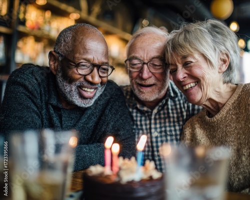 A Milestone Celebration: Three elderly friends share laughter and joy around a birthday cake adorned with lit candles, embracing the warmth of companionship and cherished memories.