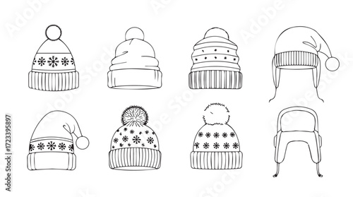 Collection of hand-drawn winter beanies and hats sketch style silhouette