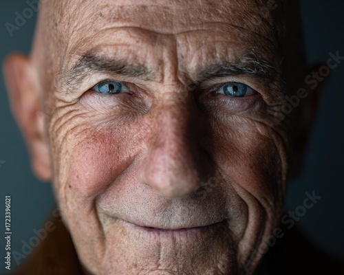 Weathered Wisdom: A close-up portrait of an elderly man's face, his striking blue eyes radiating a lifetime of experiences, while wrinkles etch a map of his journey.
