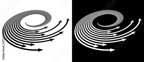 Arrows in parallel lines and with perspective. A white lines on a black background and the same illustration with inverted colors.