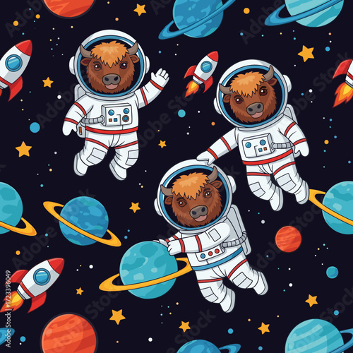 Playful bison astronauts explore space with colorful planets and rockets Ideal for kids designs