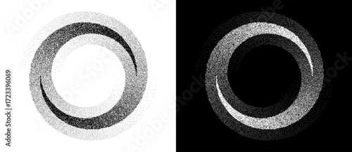 Abstract art background with dotted circle. Stipple effect with chaotic noise in spiral. Black shape on a white background and the same white shape on the black side. Yin and yang style.