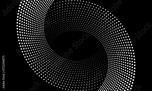 Two parts of circles as halftone dotted abstract background. White dots on black background.