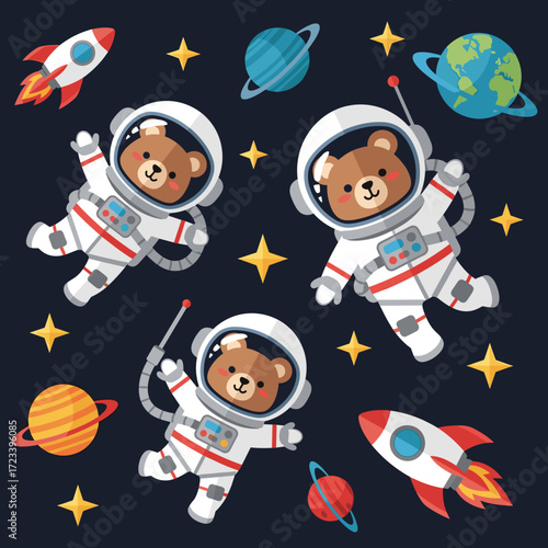 Cute bear astronauts float in space with rockets planets and stars Childhood adventure