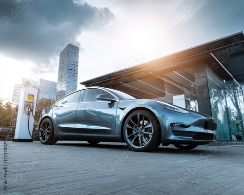 Modern Electric Car at Charging Station: A sleek, modern electric vehicle is plugged in at a contemporary charging station, set against a backdrop of urban architecture and dramatic sky.
