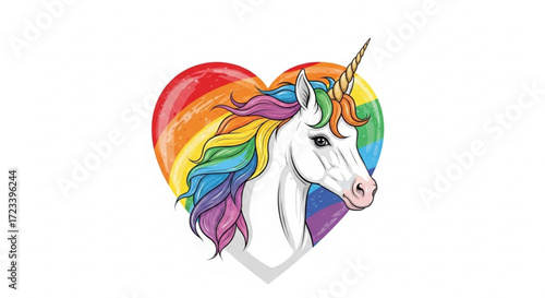 Illustration of a unicorn head with a rainbow heart the unicorn has a golden horn and a colorful mane and tail, vector