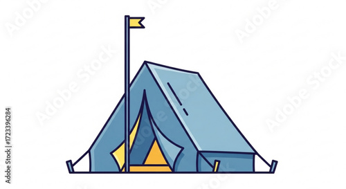 Illustration of a camping tent with a flag the tent is blue and yellow, and the flag is yellow, vector