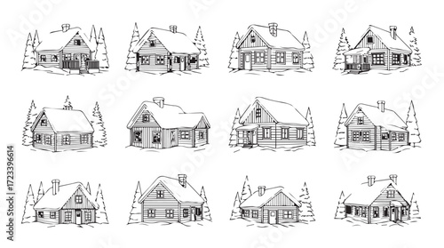 Collection of twelve detailed hand-drawn log cabin sketches with natural forest elements silhouette