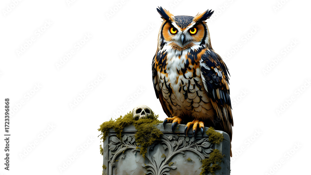 Fototapeta premium Eurasian Eagle-Owl on Tombstone, isolated on transparent background