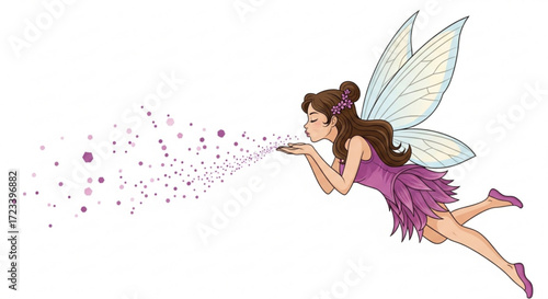 A whimsical fairy with delicate wings blows a trail of sparkling purple dust, creating a magical scene, full of enchantment
