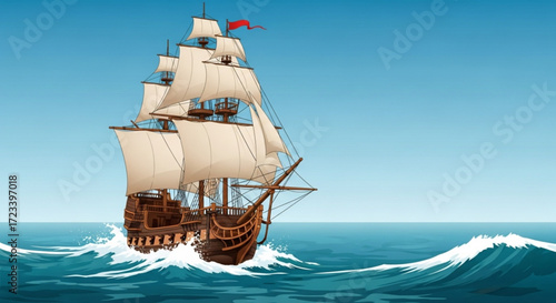 A majestic galleon sailing on the high seas, its sails billowing in the wind, a symbol of adventure and exploration against a blue sky