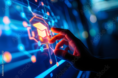 Hand interacting with futuristic digital interface and glowing network connections