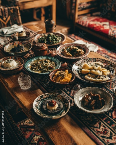 A Feast for the Senses: An abundant spread of traditional Middle Eastern dishes served on decorative plates, laid out on a rustic wooden table with ornate textiles.