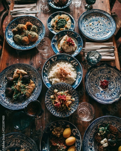 A Feast for the Senses: An overhead view of a rustic wooden table laden with an array of delicious Middle Eastern dishes, each served in intricately patterned blue ceramic plates.