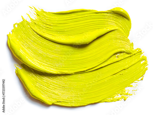 Bright and bold neon yellow brush strokes, vivid and energetic, isolated on white background.