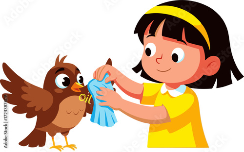 A Young Girl Cleaning Oil from a Bird's Beak with a Blue Cloth
