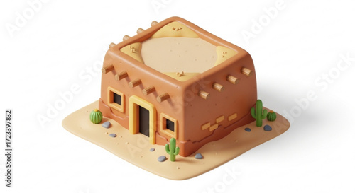 A charming adobe house miniature, showcasing southwestern architecture with a flat roof, small windows, and a cactus