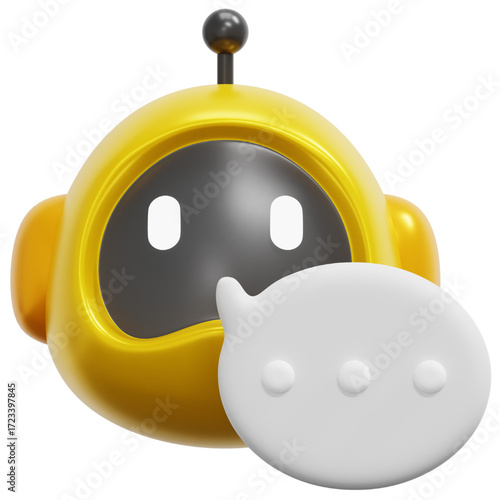 Cute yellow robot character with speech bubble, ideal for illustrating AI, customer service, technology, and communication concepts with a friendly and approachable design