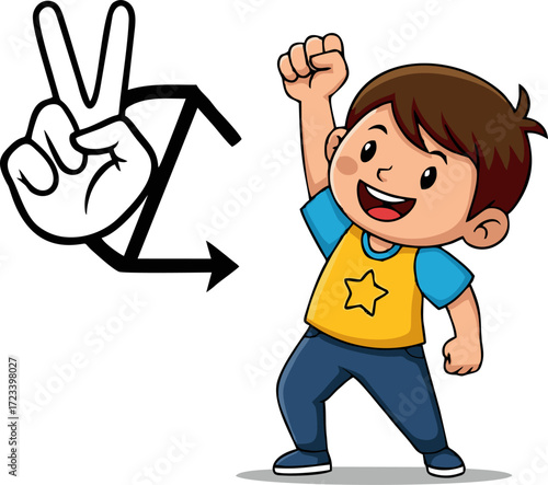 Animated Boy Showing Victory Sign with a Happy Expression