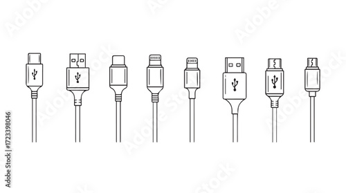 Diverse usb cable connectors set showing various modern digital data transmission ports silhouette