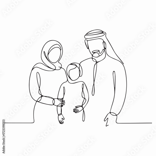 Continuous Simple black line art drawing of a arabic family in a minimalist style on a white background.