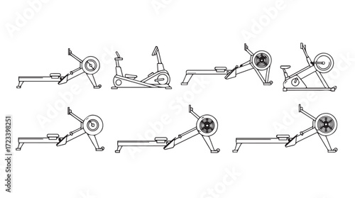 Animated sequence of a rowing machine workout demonstrating proper exercise form and movement silhouette