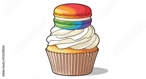 A delightful cupcake, adorned with rainbow macaron, a sweet treat that brings joy to any celebration or special occasion