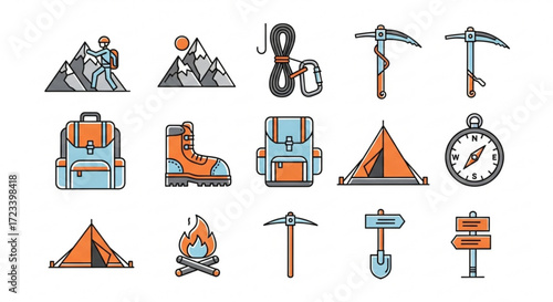 Set of hiking and camping equipment icons collection of outdoor adventure gear vector illustration of mountaineering