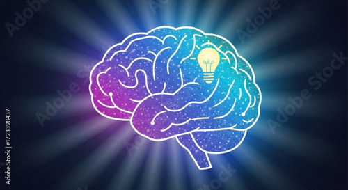 Brain with light bulb inside as symbol of idea generation, creative thinking, innovation and problem solving on dark blue background with rays