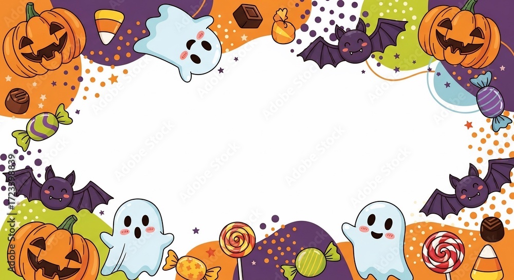 Fototapeta premium Adorable Halloween characters like cute ghosts, smiling pumpkins, and playful bats surrounded by colorful candies create a whimsical festive border for your spooky celebrations and party invitations.