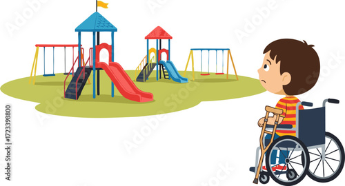 Cartoon Boy in Wheelchair Gazing at Playground Equipment with Longing