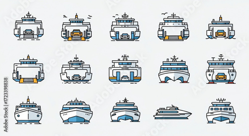 Collection of ferry boat illustrations, showcasing various designs and styles for transportation, travel, and maritime themes in vector format