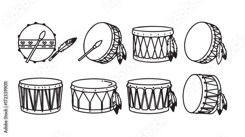 Collection of hand drawn indigenous drums and beaters offering cultural musical instrument imagery silhouette