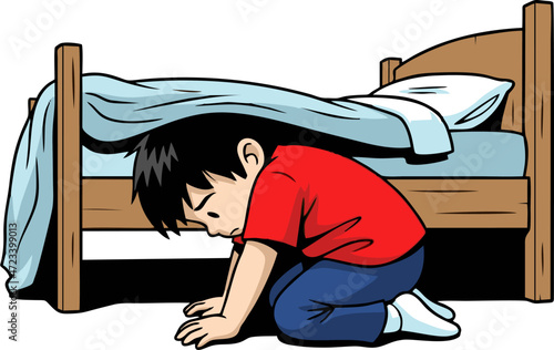 Cartoon Boy Kneeling in Despair Beside Bed with Blue Blanket and White Pillow