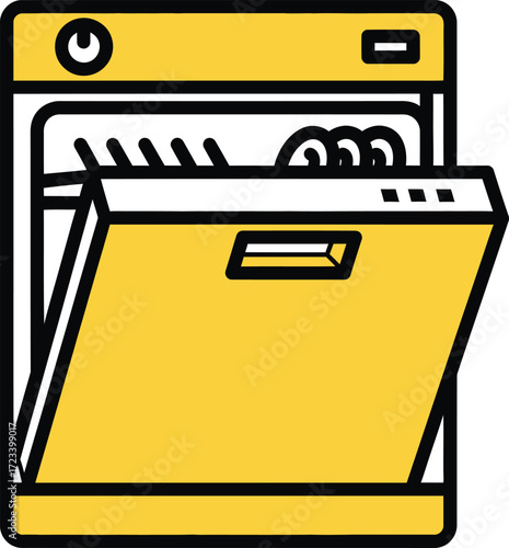 Open yellow dishwasher icon with dishes inside