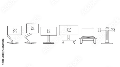 Clean line art icons of modern computer monitors and desk lamps for digital concepts silhouette