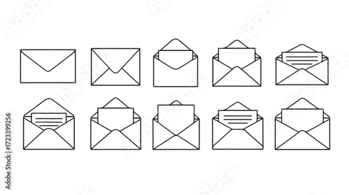 Collection of hand drawn envelope icons showing different states of opening and content silhouette