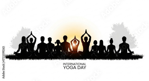Silhouette of people practicing yoga at sunset for international yoga day the group is meditating in nature with trees and a bright sun