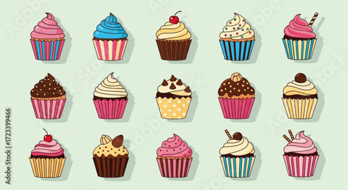 A delightful assortment of cupcakes, each adorned with unique toppings and vibrant colors, arranged on a soft pastel background, perfect for a sweet treat theme