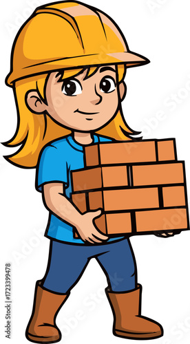 Cartoon builder girl with blonde hair carrying stack of bricks wearing hardhat