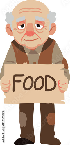 Cartoon Depiction of an Elderly Man Holding a Sign Requesting Food