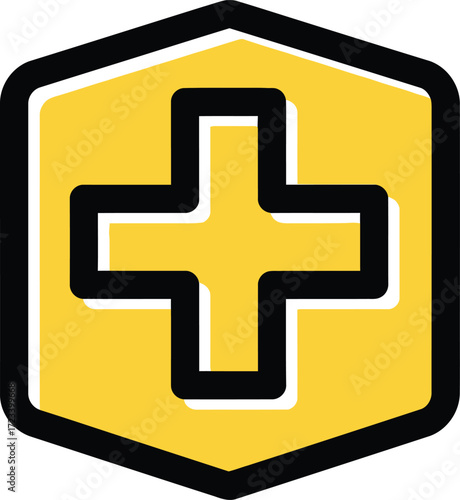 Yellow hexagon with a black outline and a white plus symbol
