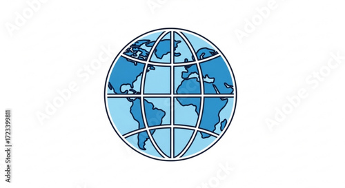 Illustration of a blue globe with continents and meridians, represents global communication, travel, or international business