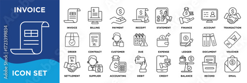 Invoice icon collection set. Containing invoice, billing, payment, receipt, statement, finance and account icon. simple line vector.