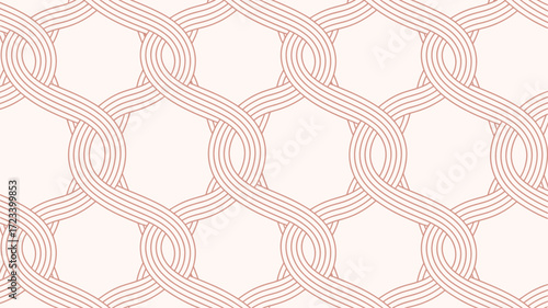 A repeating pattern of interwoven curved lines forming a trellis like design on a light pink background