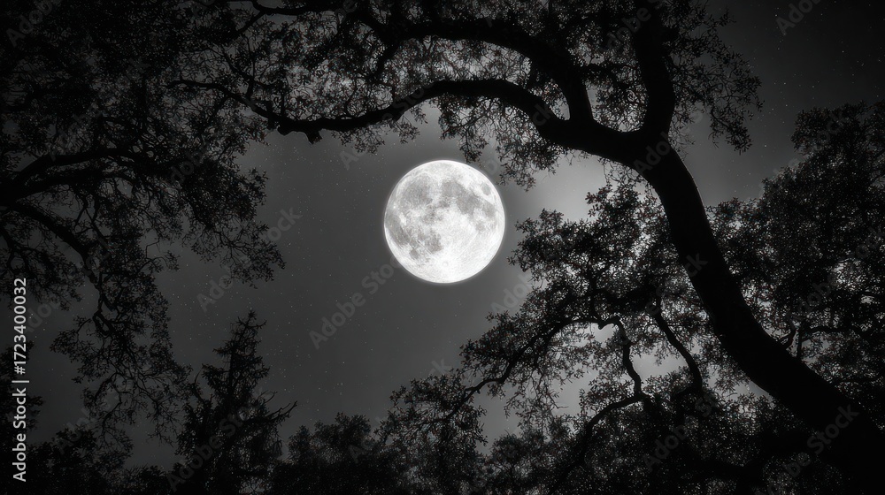 Naklejka premium Full moon bathed in moonlight, illuminating a tranquil forest at night.