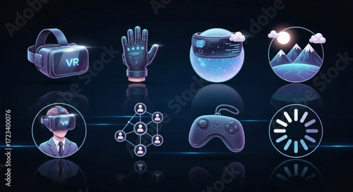 Virtual reality and metaverse icons set vr headset, glove, avatar, social network, game controller, and loading icon on dark background futuristic technology